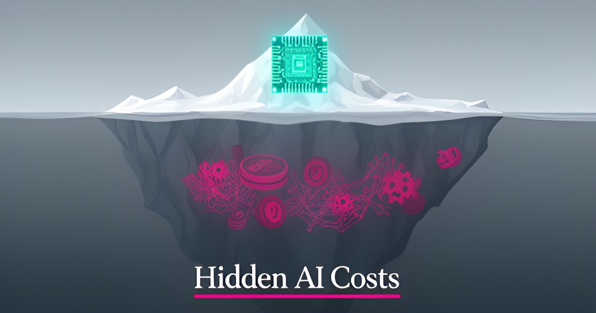 Flat illustration of an iceberg with an AI chip tip and hidden cost layers below, headline reading Hidden AI Costs.